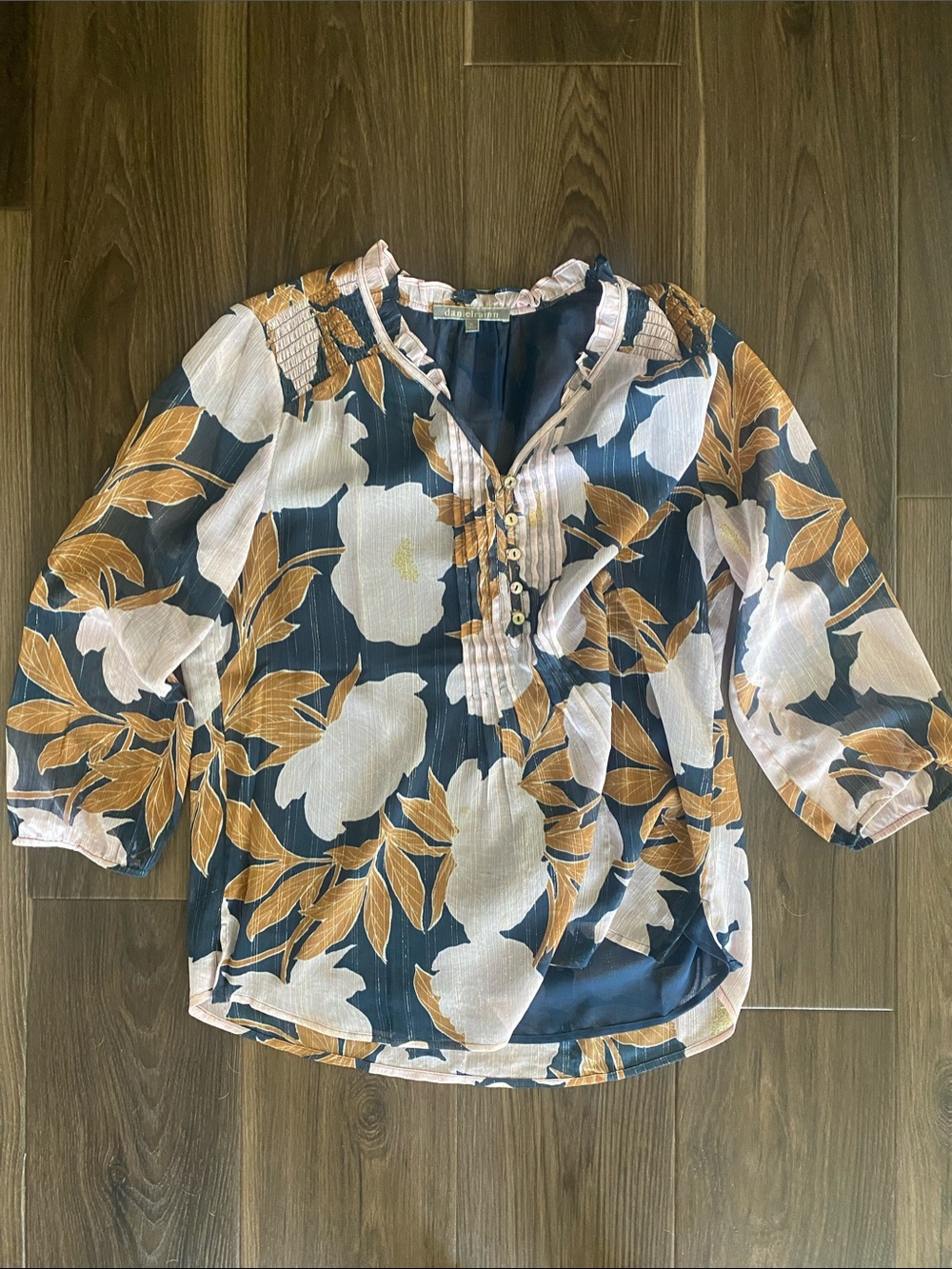 Daniel Rainn Navy Floral Button-Pintuck Blouse